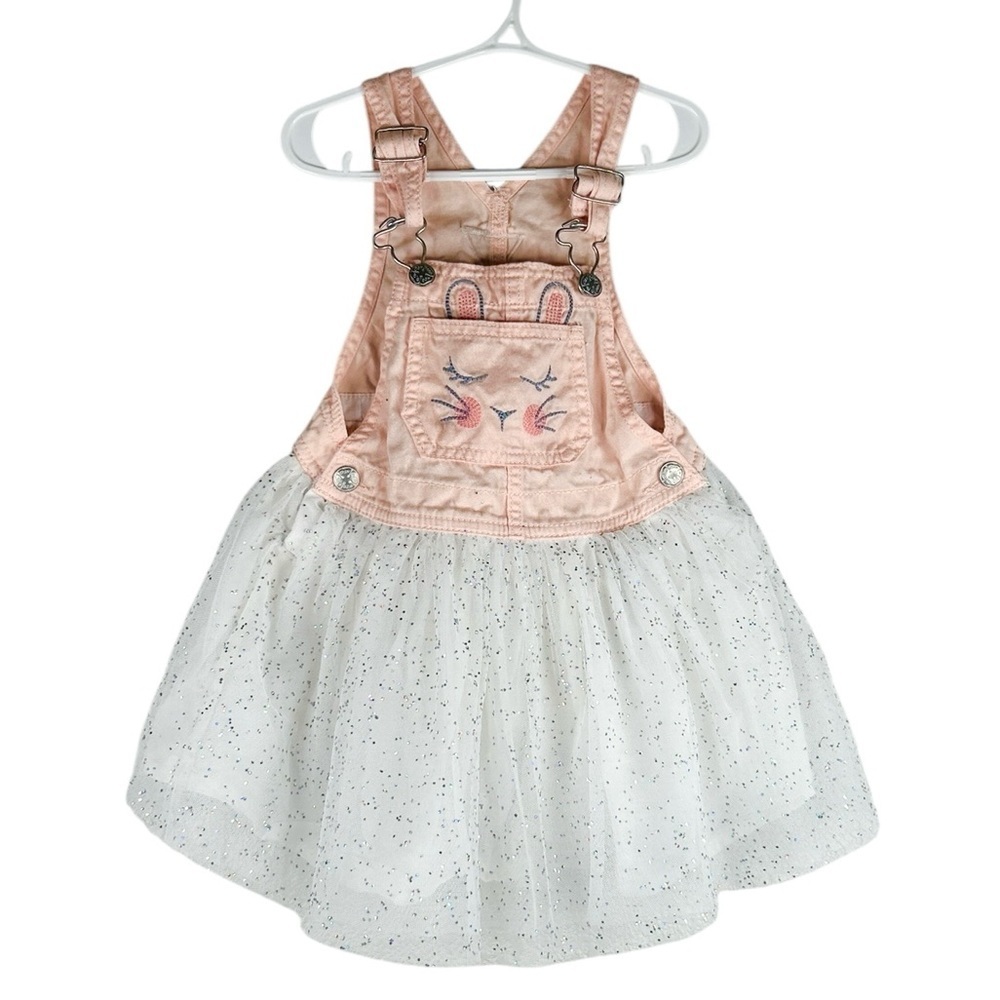 OshKosh‎ B'gosh Girl's Pink Bunny White Tulle Silver Sparkle Skirt Overalls 3T